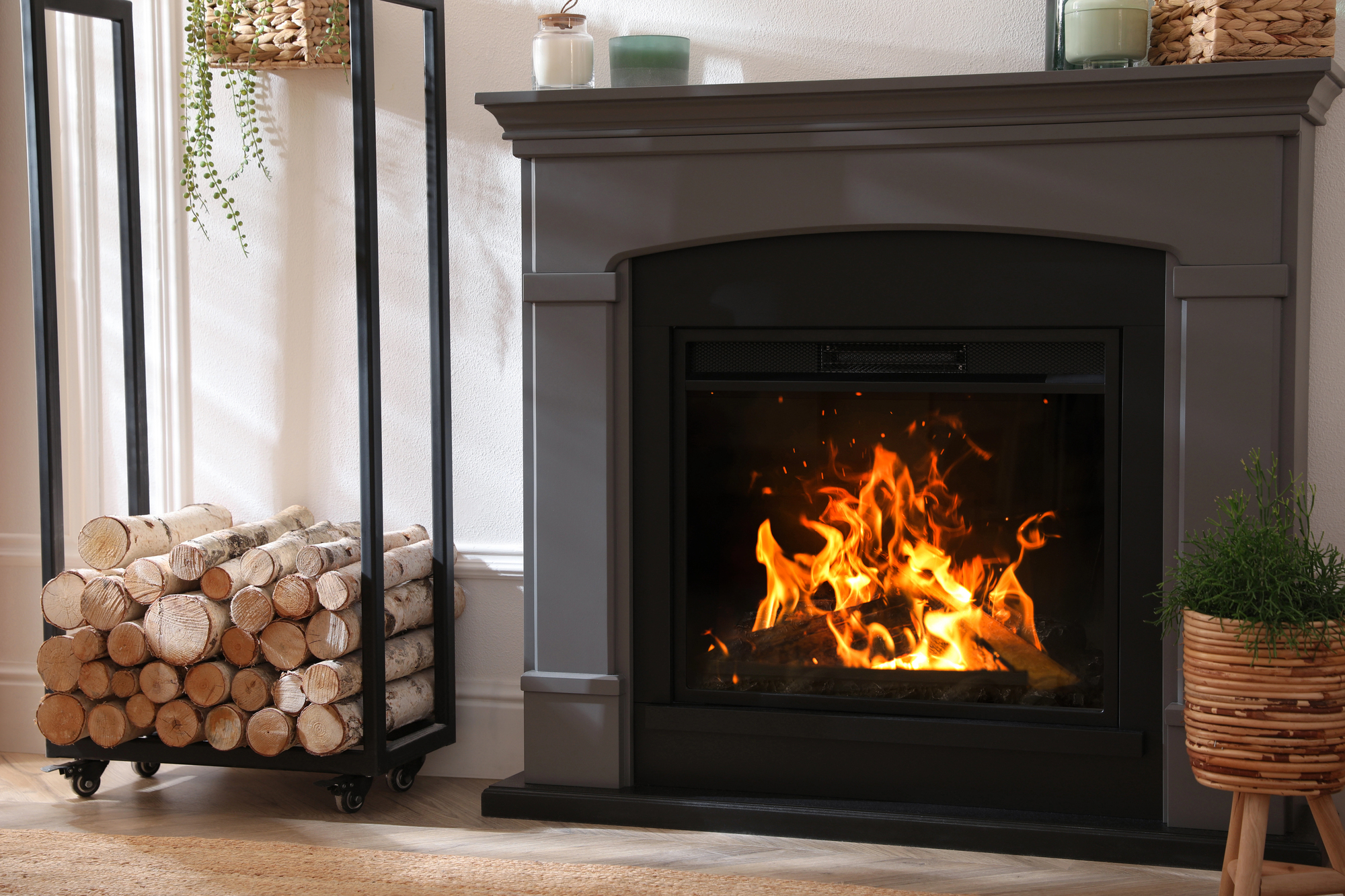 A stove insert fitted neatly into a traditional fireplace